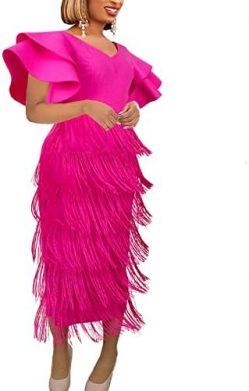AOMEI Women's Rose V Neck Ruffles Sleeve Patchwork Fringe Tiered Midi Dress for Women