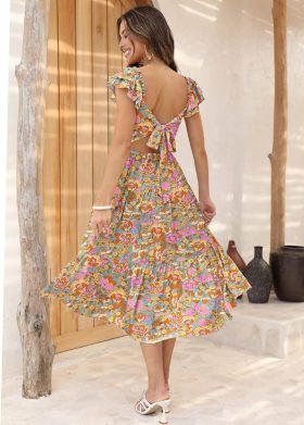Floral Midi Dress Smocked Square Neck Wedding Guest Ruffle Sleeve Vacation Yellow