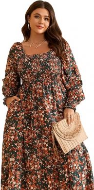 Fall Dress Long Sleeve Square Neck Floral Print Smocked A Line Boho Flowy Maxi Dresses with Pockets