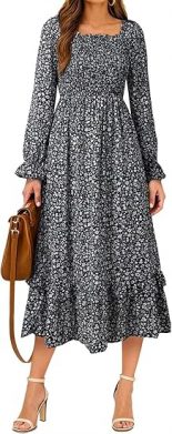 Neck Long Sleeve Smocked Elastic Waist Tiered Ruffle Hem Maxi Dress