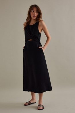 Linen Midi Dress, Black