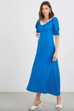 Take Two Textured Smocked A-Line Midi Dress with Lace Trim