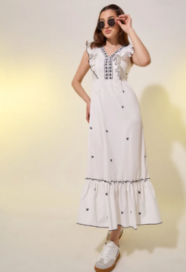 Floral print V-neck Ruffled Cuffs Midi Dress