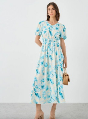 Floral Printed Puff Sleeve Midi Dress