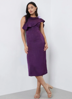 Styli Purple Draped Midi Dress with Corsage Detail