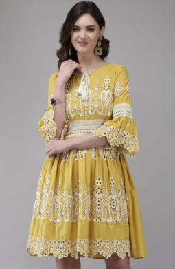 Women's Mustard 100% Cotton Embroidered Midi Smock Straight Fit Dress