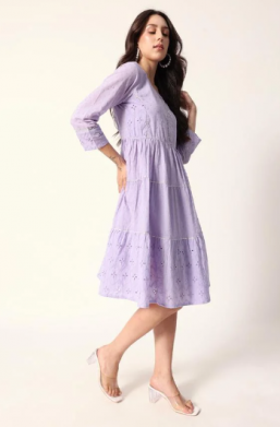 Women's Lavender Cotton Textured Mini Smock Regular Fit DressWomen's Lavender Cotton Textured Mini Smock Regular Fit Dress