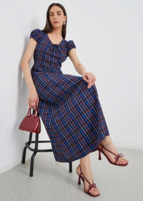 Take Two Checked Print Puff Sleeve A-Line Maxi Dress
