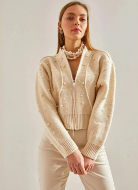 LUCCI Textured Patterned Zip-Up Crop Cardigan with Pompom