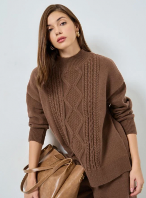 Brown Regular Fit Cable Knit Sweater