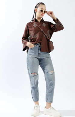 Women Mom Fit High-Rise Light Fade Distressed Cotton Elasticated waist Crop Jeans