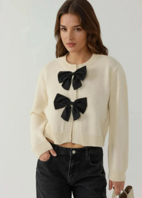 Thick Knit Crew Neck Cardigan with Bow Detail