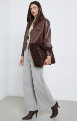 Styli Brown Regular Fit Leather Look Trucker Jacket