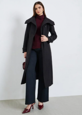 Women Black Midi Length Belted Wool Coat