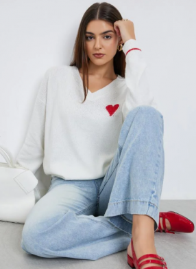 Regular Fit Heart Pattern Knitted Sweater
