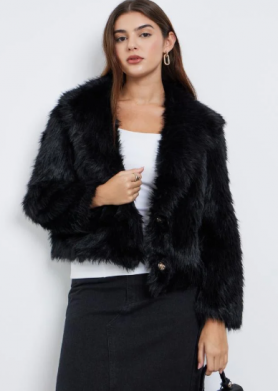 Women Black Regular Fit Cropped Faux Fur Jacket