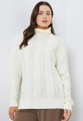 Off White Cable Knit Roll Neck Sweater