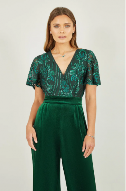 Sequin Embellished Velvet Jumpsuit With Angel Sleeves