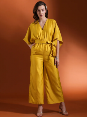 Globus Women Bright Ideas Kimono Sleeves Waist Tie-Up Satin Basic Jumpsuit