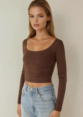 Slim Fit Viscose Crew Neck Cropped Blouse