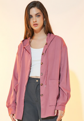 Front Button Hooded Jacket with Slip Pockets